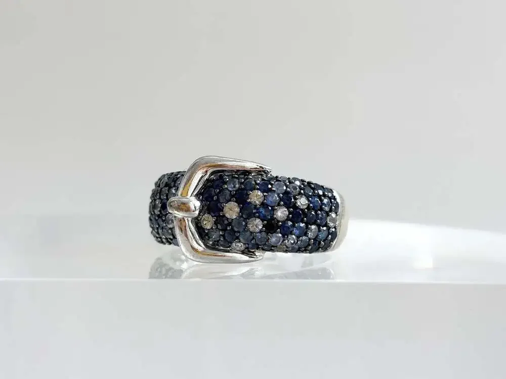 Belt Buckle Multi Shade Blue Topaz Cluster Round Cut Gemstone Sterling Silver 92